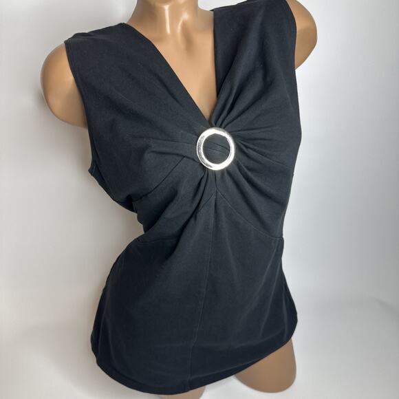 Vintage Y2K Nine West Ring Detail Black Sleeveless Top XL Stretch Minimalist - Picture 1 of 9